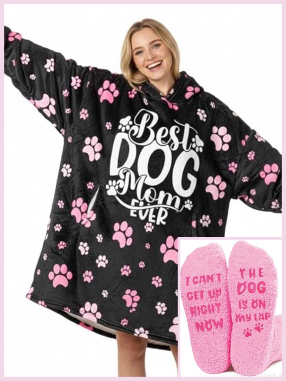 HUGLANKET & Fuzzy Socks "Best Dog Mom" & "Can't Get Up" 2 Piece Cozy Gift Bundle